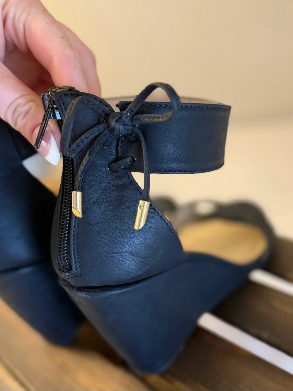 Black Wedge Heels with Ankle Wrap and Bow